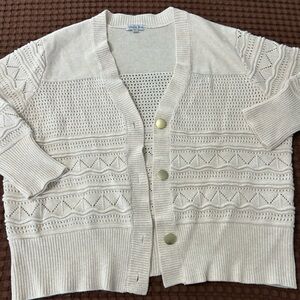 Ophelia Roe Cream Pointelle Knit Cardigan XL V-Neck Gold Button Boho Cottagecore